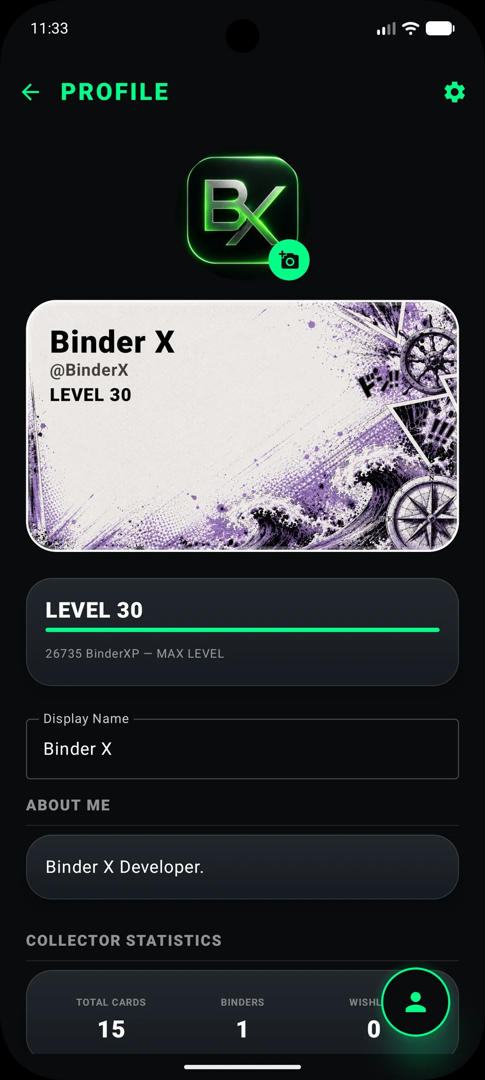 Binder X customizable collector profile